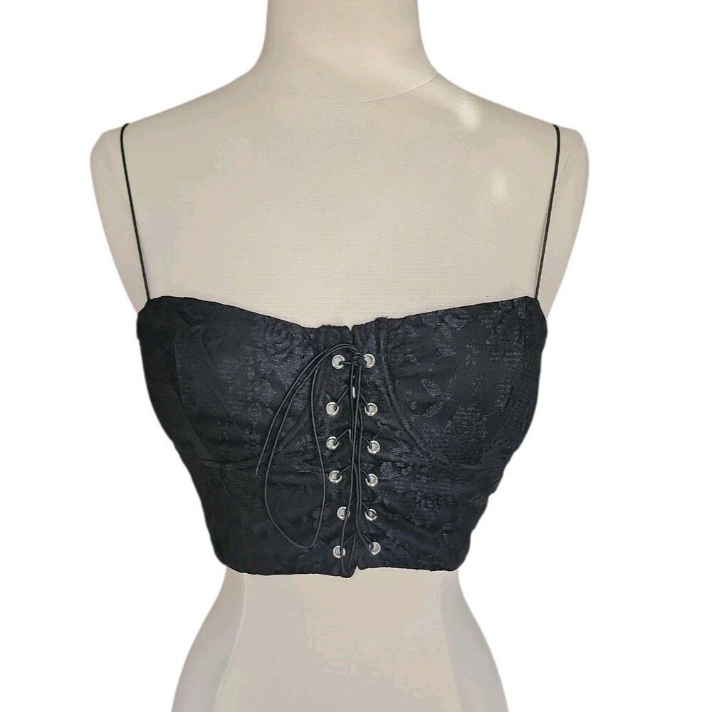 Superdown Lace Whimsigoth Cropped Bustier Top Womens S Black Fairy Grunge Floral